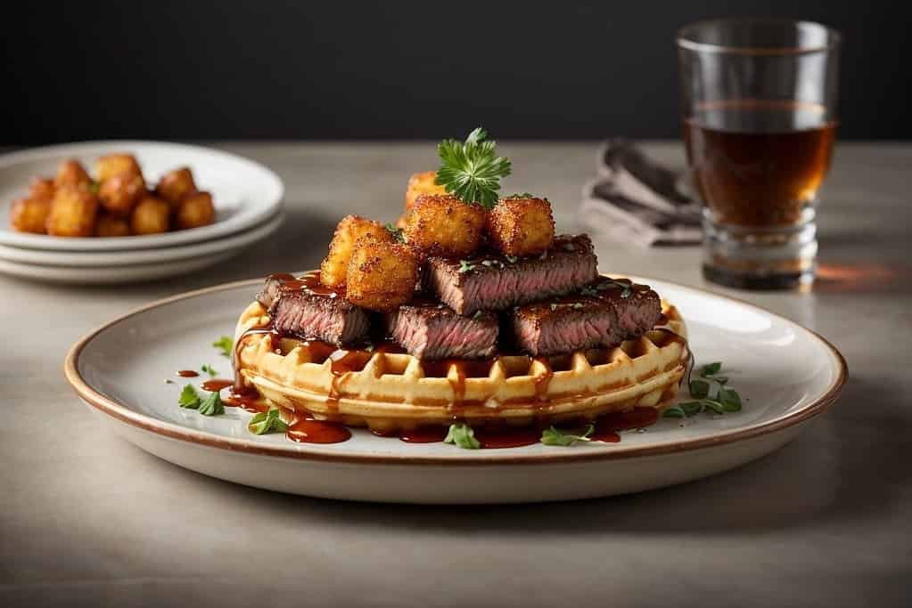 tater tot waffle topped with steak and pan sauce