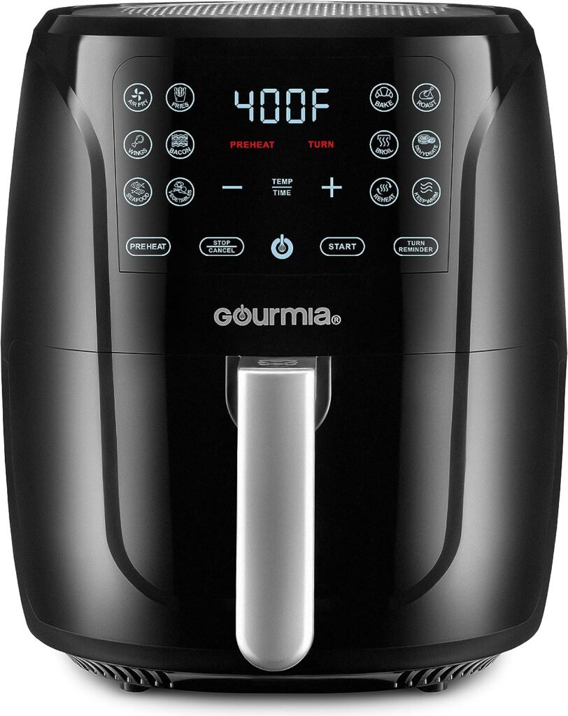 Gourmia Air Fryer Oven Digital Display 6 Quart Large AirFryer Cooker 12 1-Touch Cooking Presets, XL Air Fryer Basket 1500w Power Multifunction Black and Stainless Steel Accents FRY FORCE GAF686