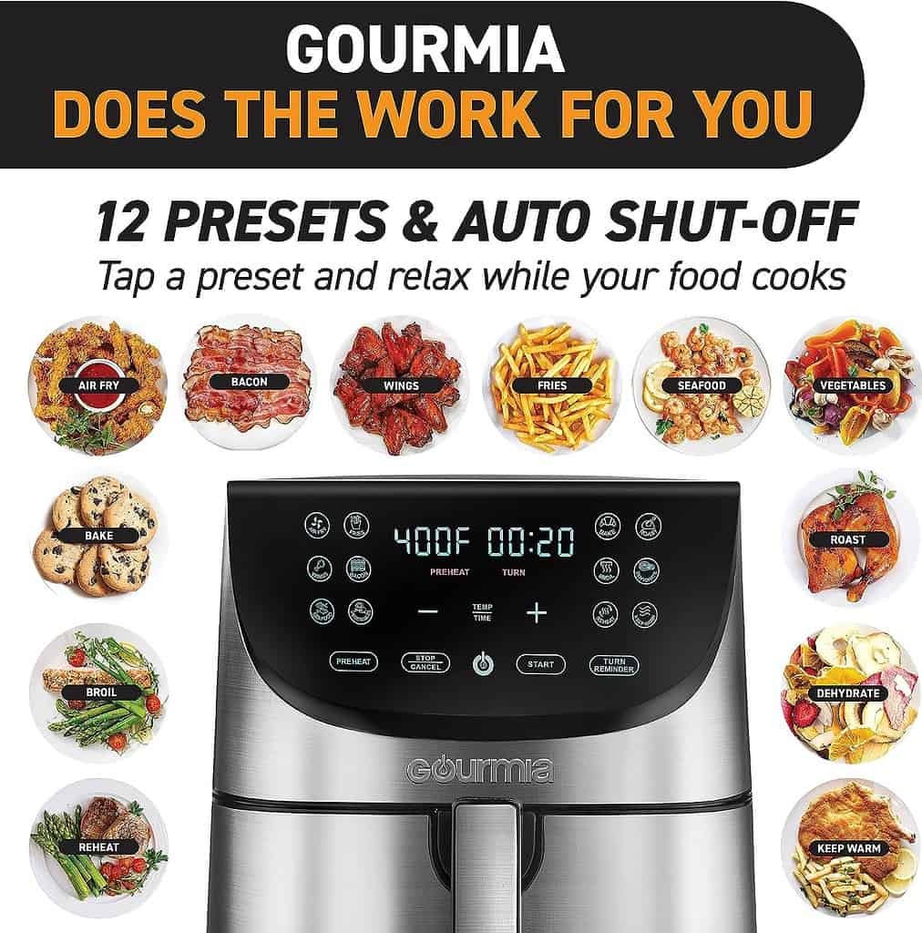 Gourmia Air Fryer Oven Digital Display 8 Quart Large AirFryer Cooker 12 Touch Cooking Presets, XL Air Fryer Basket 1700w Power Multifunction GAF856 Black and Stainless stainless steel air fryer