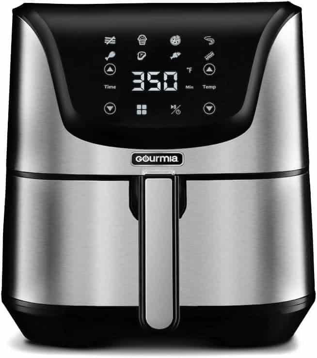 Gourmia Digital Stainless Steel 6 Qt/5.7L Digital Air Fryer With AeroCrispTM Technology for up to 80% less fat.includes Non-Stick Basket, Multi-Purpose Rack  4 Skewers