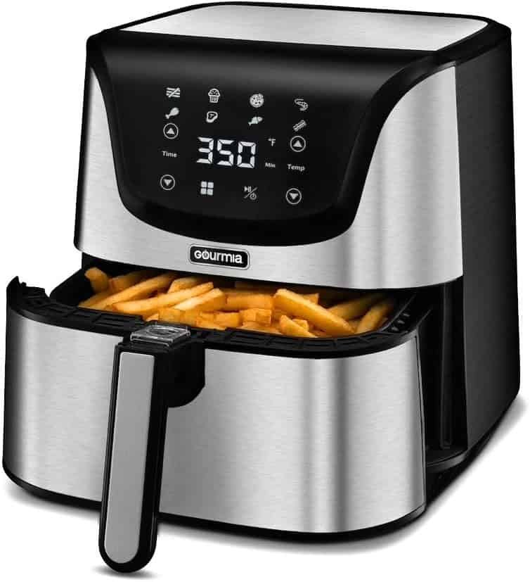 Gourmia Digital Stainless Steel 6 Qt/5.7L Digital Air Fryer With AeroCrispTM Technology for up to 80% less fat.includes Non-Stick Basket, Multi-Purpose Rack  4 Skewers