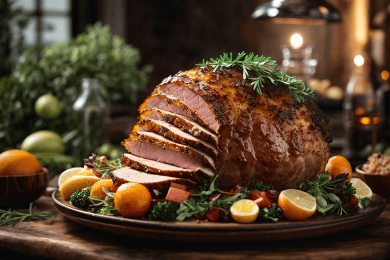 Rosemary-Thyme Roasted Ham with Creamy Dijon Drizzle
