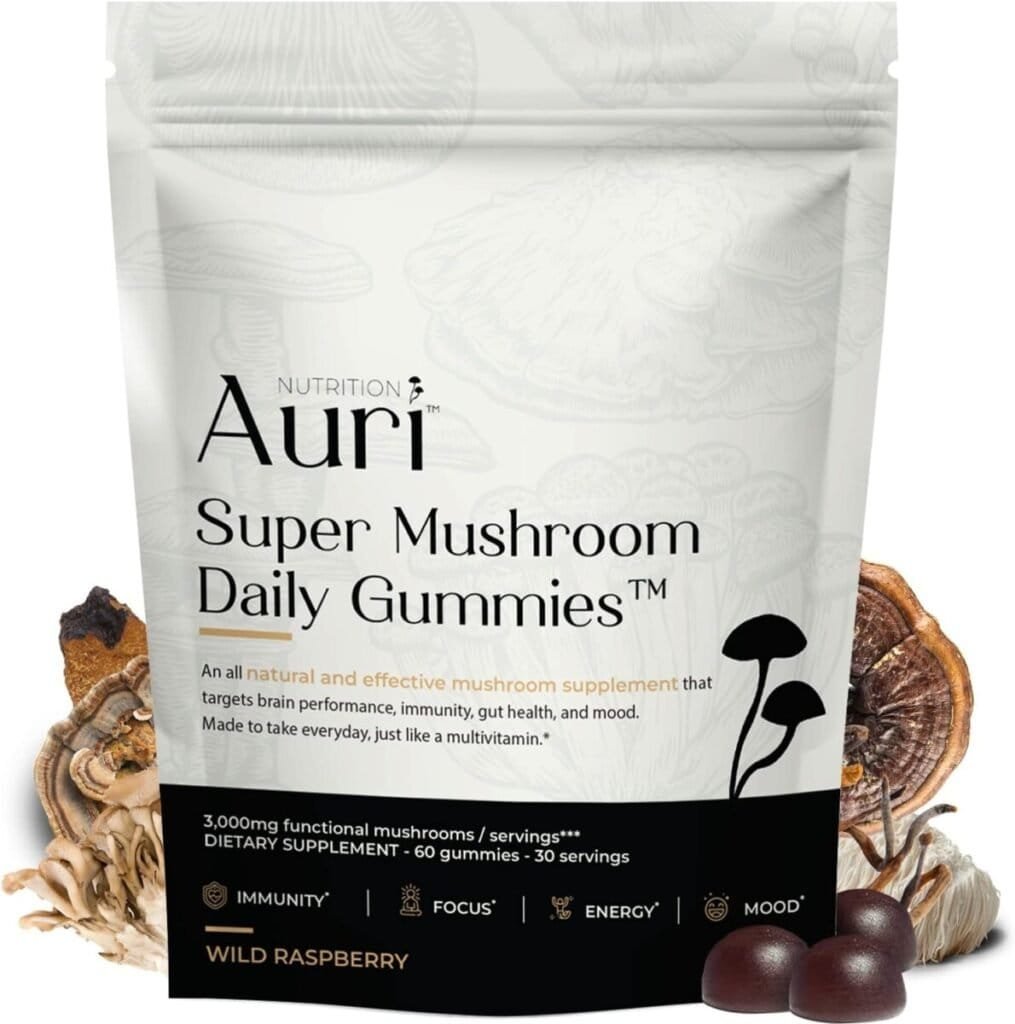 Auri Super Mushroom Daily Gummies - All-in-One Daily Mushroom Supplement Gummy - 12 Mushroom Blend with Chaga, Lions Mane, Reishi, Cordyceps - Boost Your Immunity, Focus, Energy, Mood - 60 Gummies