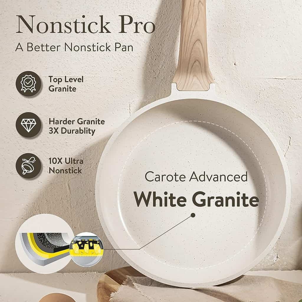 CAROTE Pots and Pans Set Nonstick, White Granite Induction Kitchen Cookware Sets, 10 Pcs Non Stick Cooking Set w/Frying Pans  Saucepans(PFOS, PFOA Free)