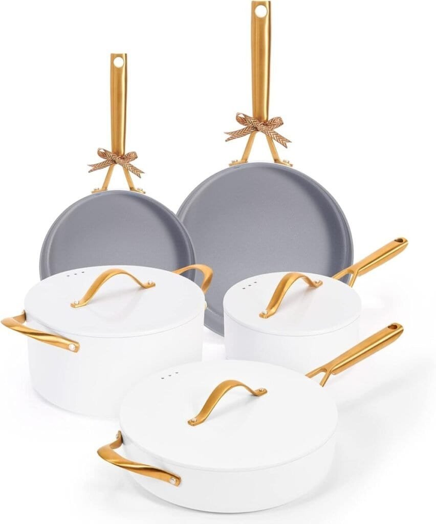 Ceramic Pots and Pans Set - VONIKI Nonstick Cookware Sets Non Toxic Cookware Set, Induction Cookware With Dutch Oven, Frying Pan, Saucepan, Sauté Pan, White Gold Pots and Pans for Cooking Set Gift
