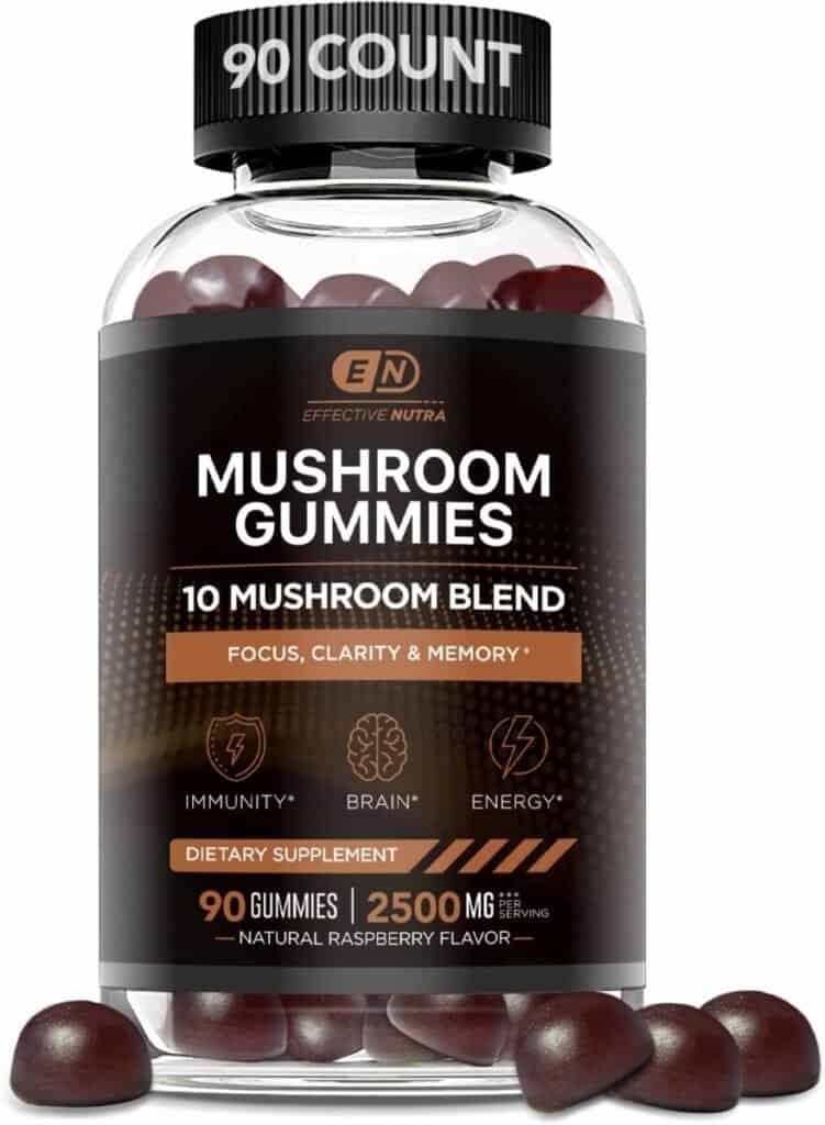 EFFECTIVE NUTRA Mushroom Gummies 10 Blend - Mushroom Complex 2500mg - Brain Booster, Immune Support, Energy - Mushroom Supplement for Men  Women (90ct)