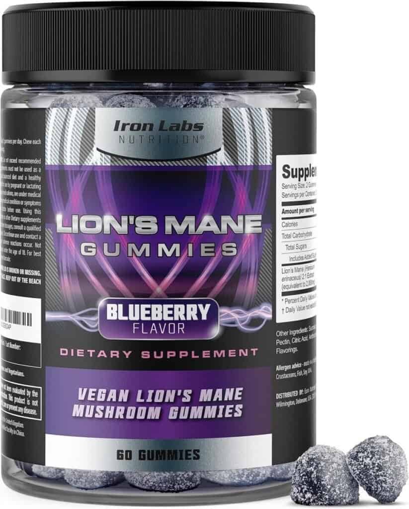 Iron Labs Nutrition Lions Mane Gummies for Adults - 1000mg Extract Per Serving - Vegan Lions Mane Supplement - 60 Vegan Gummies (Blueberry Flavour) - Lions Mane Mushroom Gummies