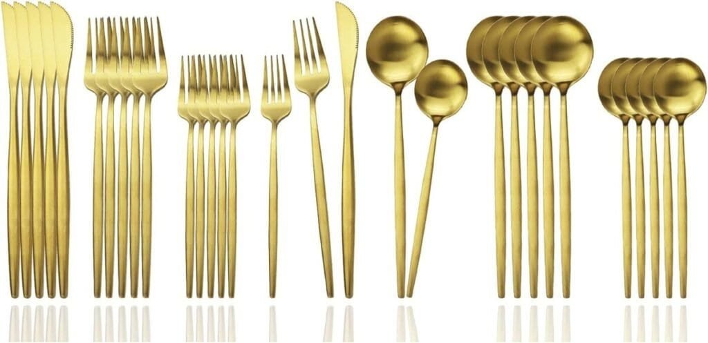 JASHII Flatware Silverware Set Stainless Steel Satin Finish Cutlery Set Service for 6, 30-Piece Spoons And Forks Kitchen Utensil Set, Dishwasher Safe (Matte Gold)