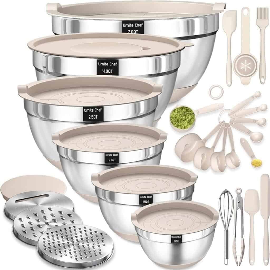 Mixing Bowls with Airtight Lids Set, 26PCS Stainless Steel Khaki Bowls with Grater Attachments, Non-Slip Bottoms  Kitchen Gadgets Set, Size 7, 4, 2.5, 2.0,1.5, 1QT, Great for Mixing  Serving