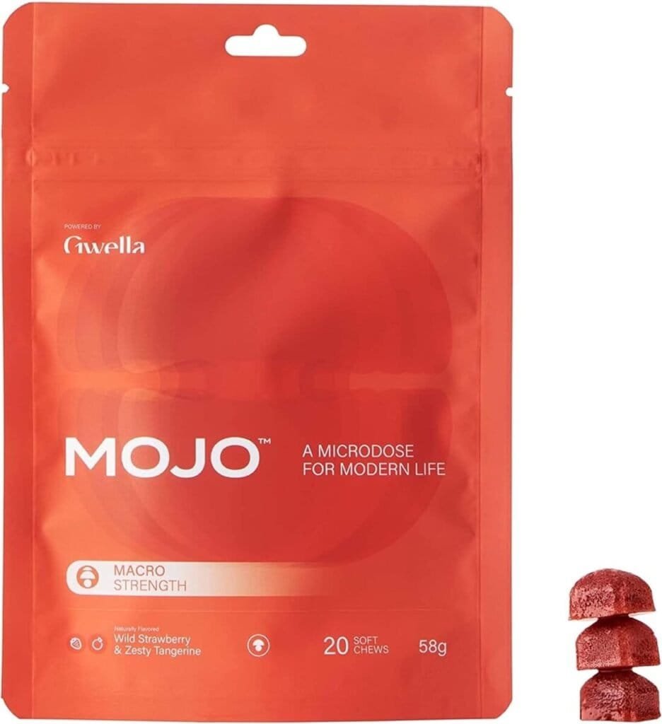 Mojo Microdose, Strawberry Tangerine, with Lion’s Mane, Panax Ginseng, Ginger Root, Nootropics, and Cordyceps, Vegan, Non-GMO Soft-Chews (Pack of 1)