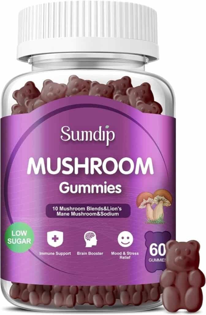 Mushroom Gummies 10 Blend - Mushroom Complex, Organic Lions Mane Shiitake Reishi, Vitamins Immune Support Brain Booster, for Men and Women 60 Gummies