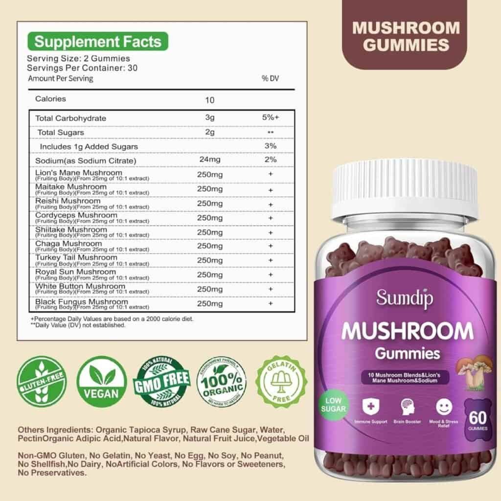 Mushroom Gummies 10 Blend - Mushroom Complex, Organic Lions Mane Shiitake Reishi, Vitamins Immune Support Brain Booster, for Men and Women 60 Gummies