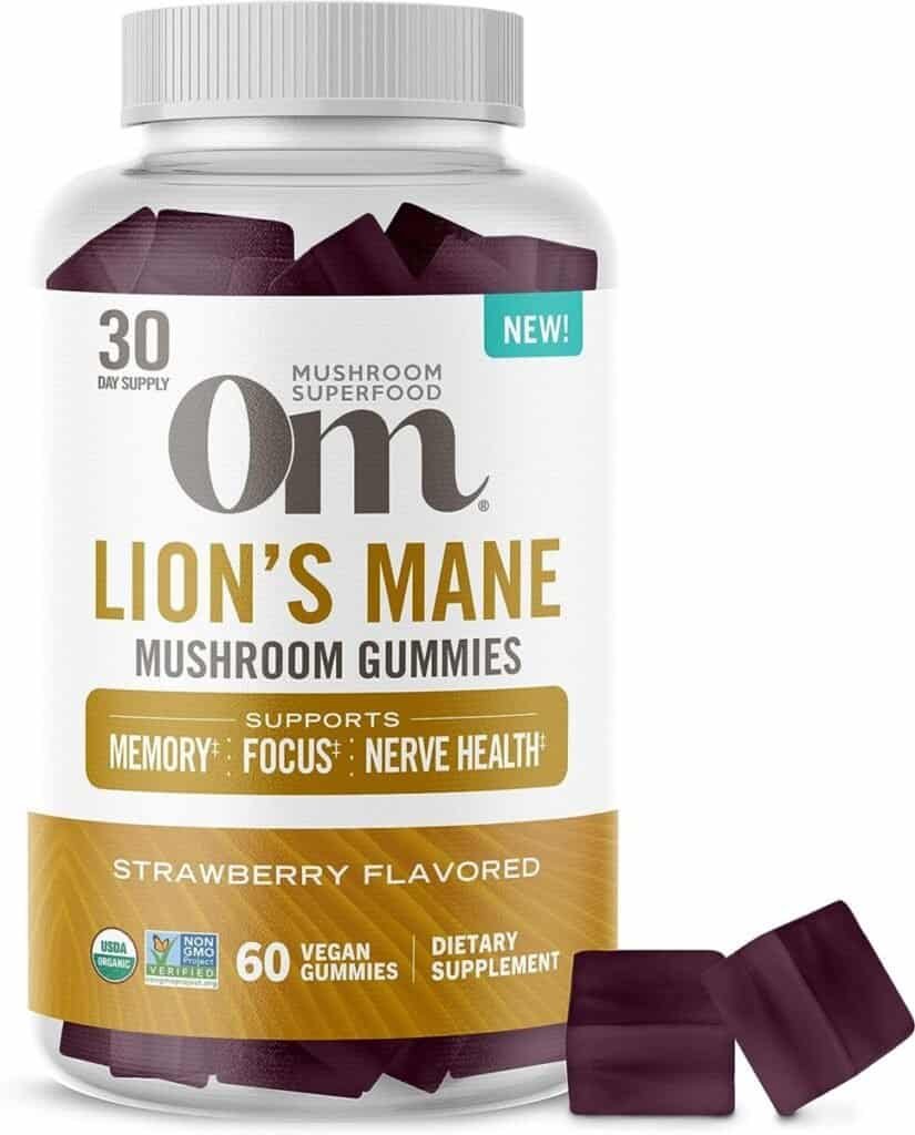 Om Mushroom Superfood Lions Mane Mushroom Gummies, 60 Count, 30 Servings, Strawberry Flavored Nootropic Gummies with Fruit Body and Mycelium for Memory, Focus and Nerve Health