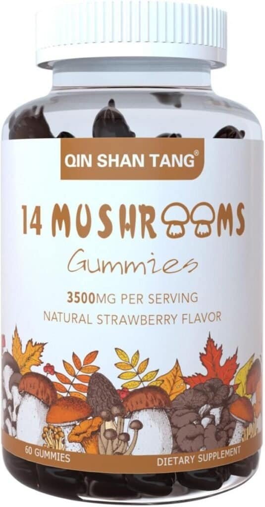 QIN SHAN TANG Mushroom Gummies - 14 Mushroom Complex Supplement, 3500mg, with Lion’s Mane, Reishi, Chaga, Maitake  More, 60 Count