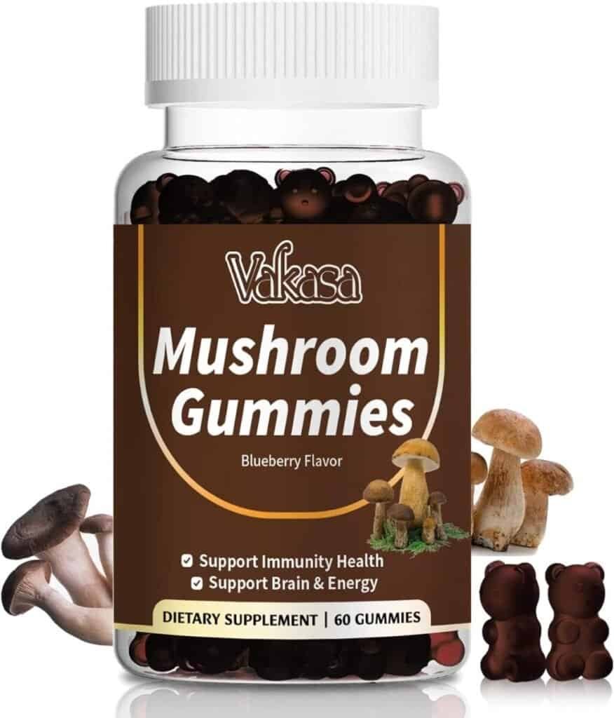 Vakasa Mushroom Gummies 10 Blend, 2500mg Mushroom Complex with Maitake, Lions Mane, Reishi, Cordyceps, Chaga, Turkey Tail, Brain Booster, Focus, Immune Support, Energy, 60 Gummies