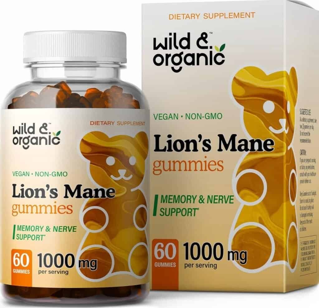 Wild  Organic Lions Mane Gummies - Natural, Vegan Hericium Erinaceus Mushroom Supplement - May Boost Brain  Cognitive Health, Mental Focus, Immune System, Antioxidant Support - 60 Count