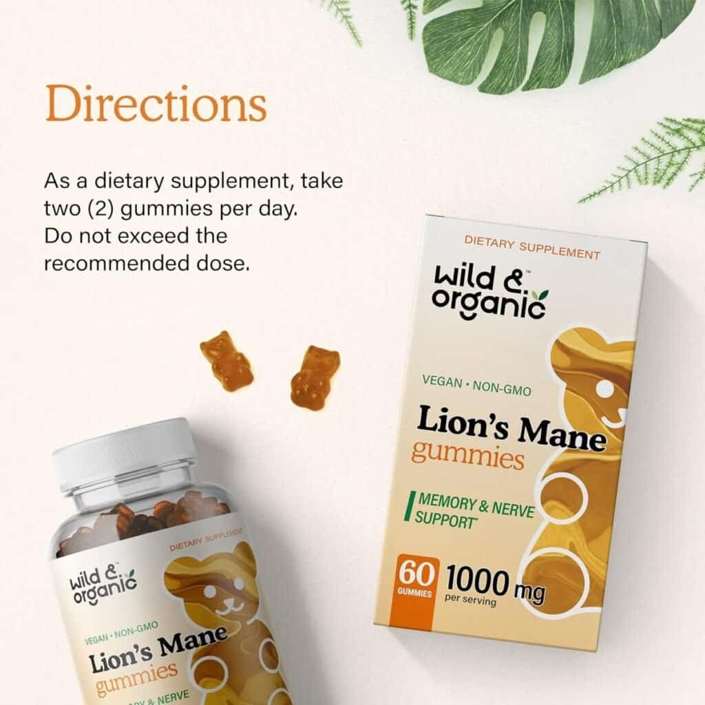 Wild  Organic Lions Mane Gummies - Natural, Vegan Hericium Erinaceus Mushroom Supplement - May Boost Brain  Cognitive Health, Mental Focus, Immune System, Antioxidant Support - 60 Count