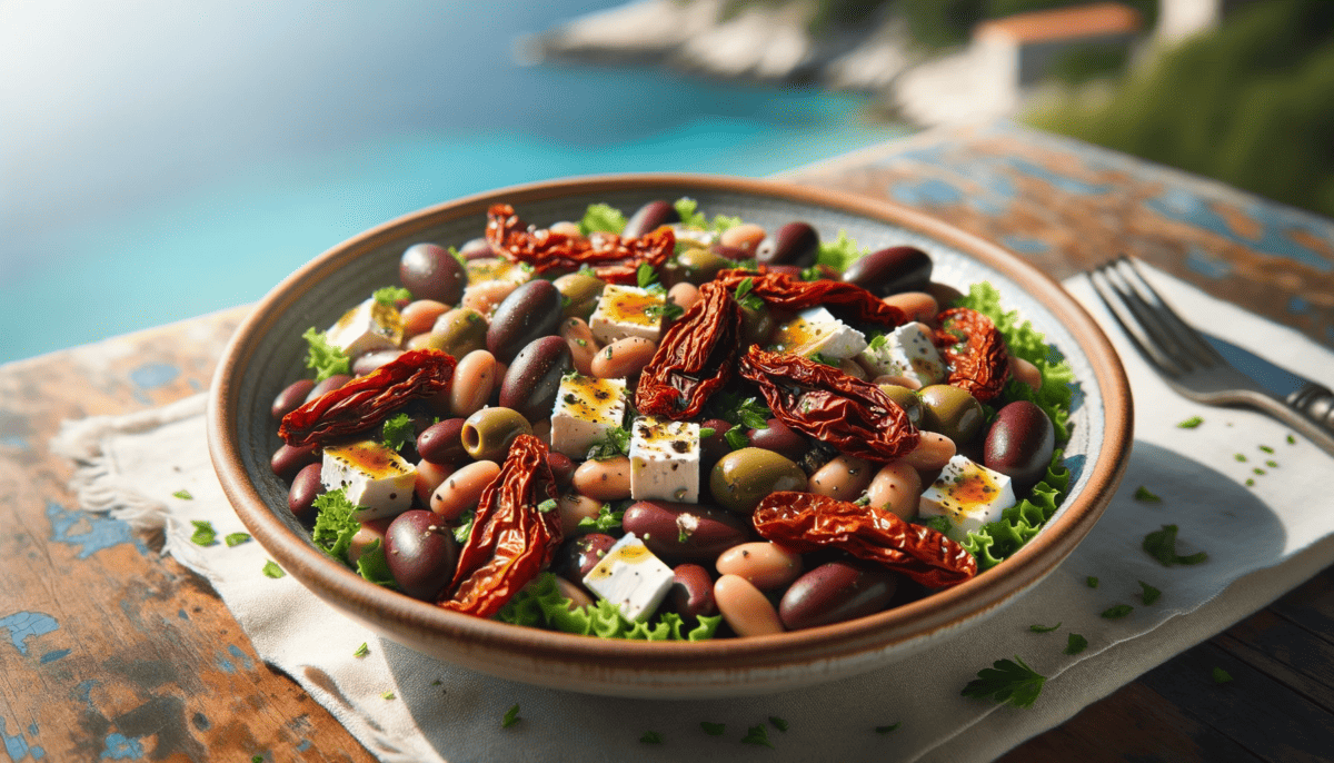 navy beans, sun-dried tomatoes in a rich shade of red, dark olives, and crumbled white feta cheese.