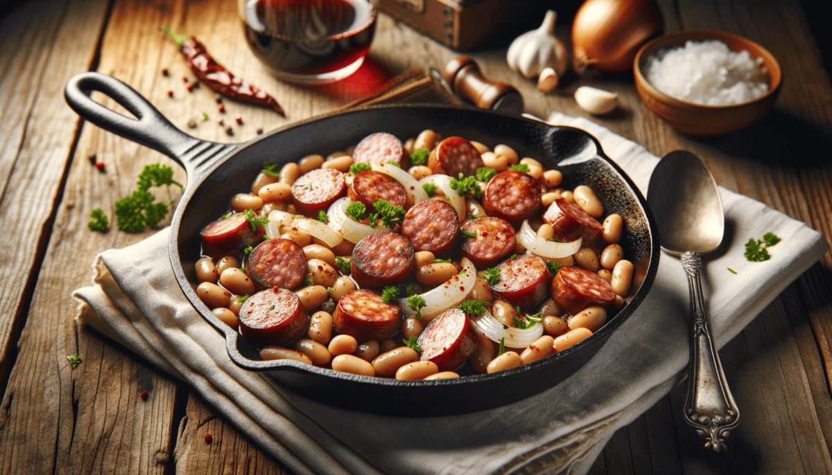 Skillet filled with navy beans and sausage