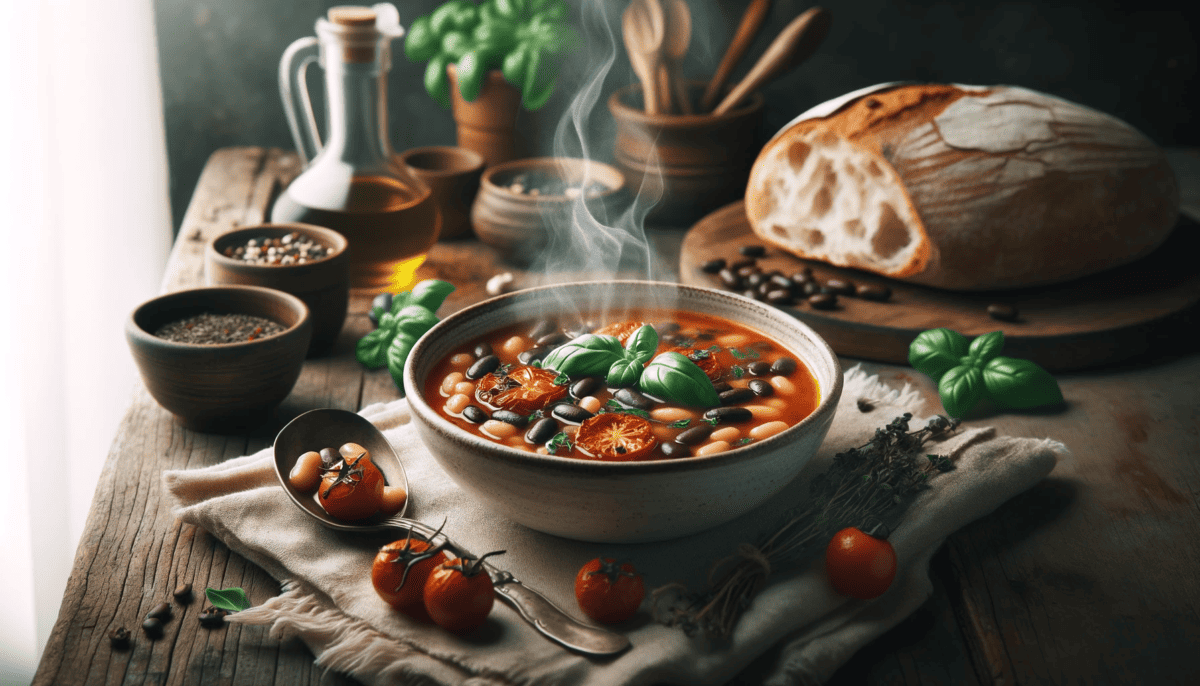 comforting bowl of soup on a rustic table setting. Within the soup, navy beans and roasted tomatoes can be seen, complemented by a garnish of fresh basil leaves