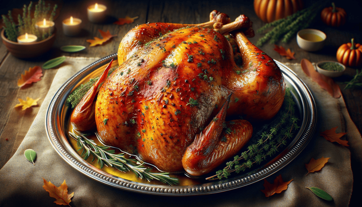 a golden, crispy-skinned roast turkey on a silver platter, with flecks of green herbs under the skin and a sheen of butter glistening on its surface