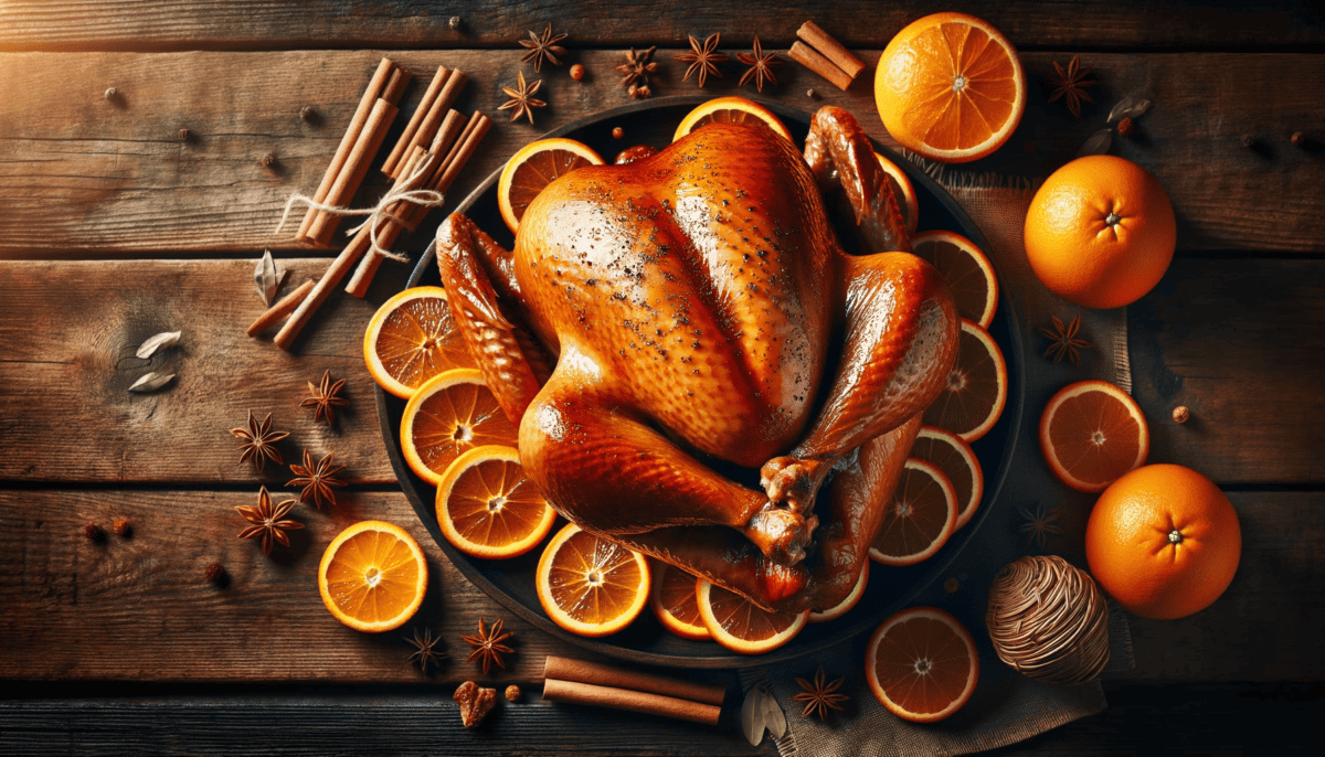 Thanksgiving turkey on a rustic wooden table, surrounded by orange slices and a scattering of herbs and spices like cinnamon sticks, star anise, and cloves